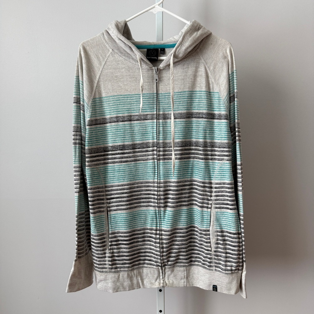Burnside sz L Mens Striped Full‎ Zip Hoodie Gray Teal Lightweight Raglan Skater